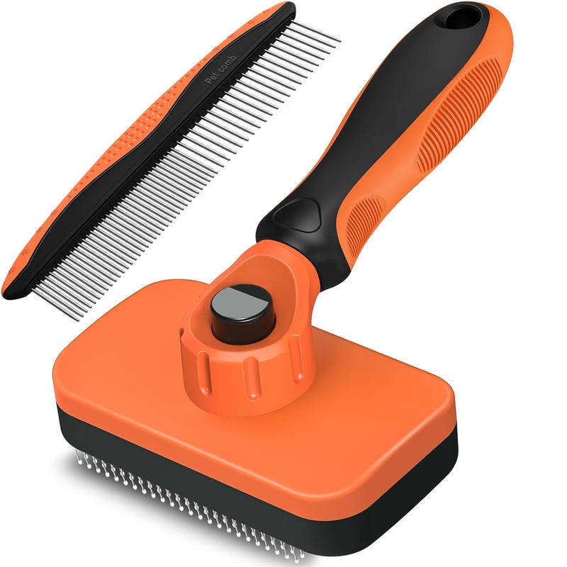 HSC 2PCS Self Cleaning Slicker Brush & Dog Comb - Skin Friendly Deshedding Grooming Tool for Dogs, Cats and Small Animals, Professional Deshedding Dematting Tool for Long and Short Haired Pets (Orange) - Image 1